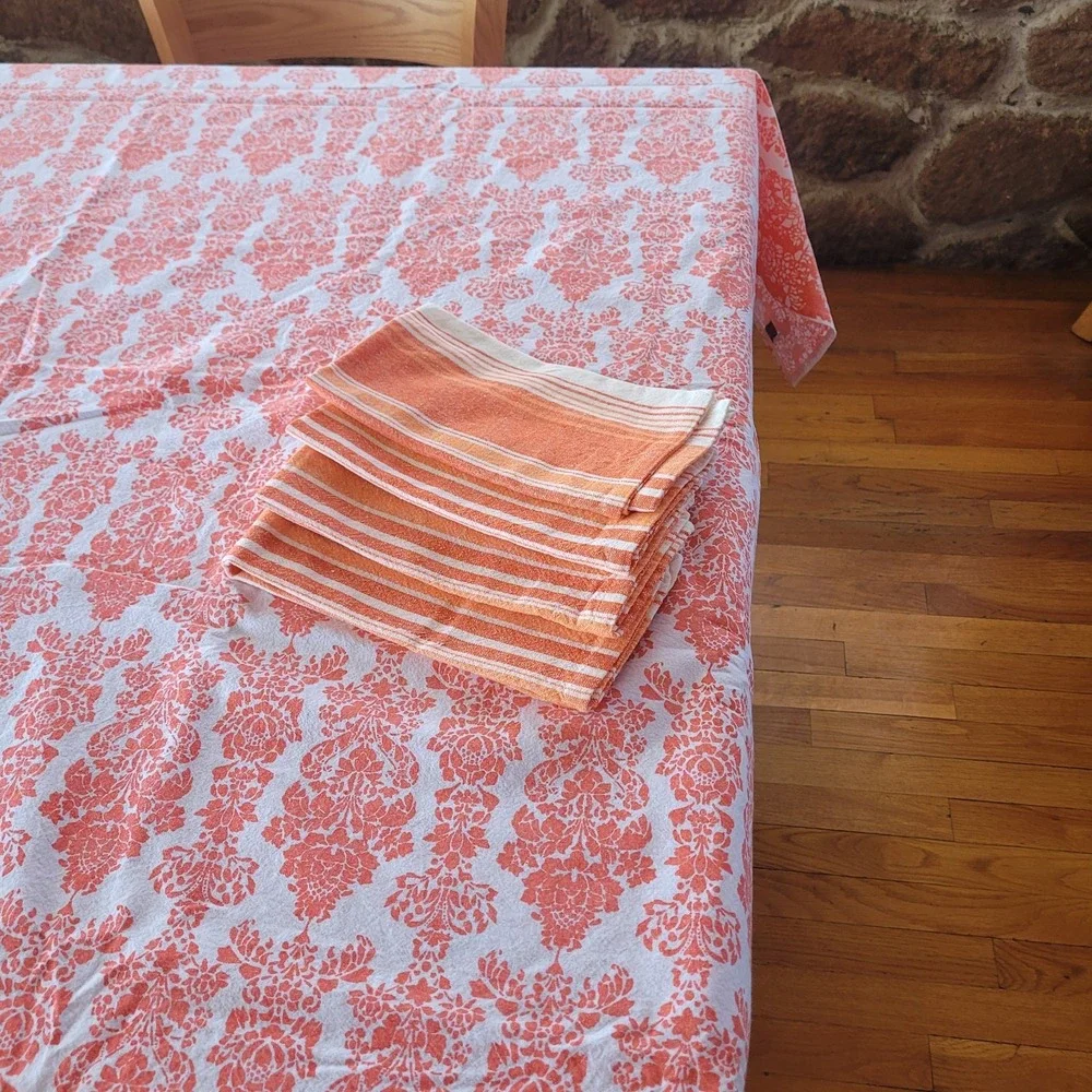78x60 Nicole Miller Orange Floral Tablecloth 4 Cloth Striped Napkins Spring